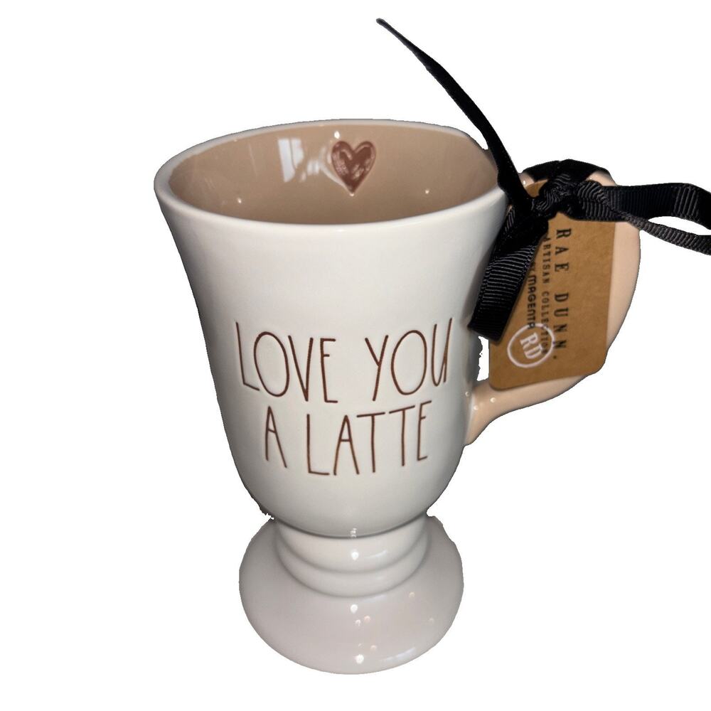 Rae Dunn "Love You A Latte" Heart Tall Pedestal Ceramic Coffee Mug 16oz NEW